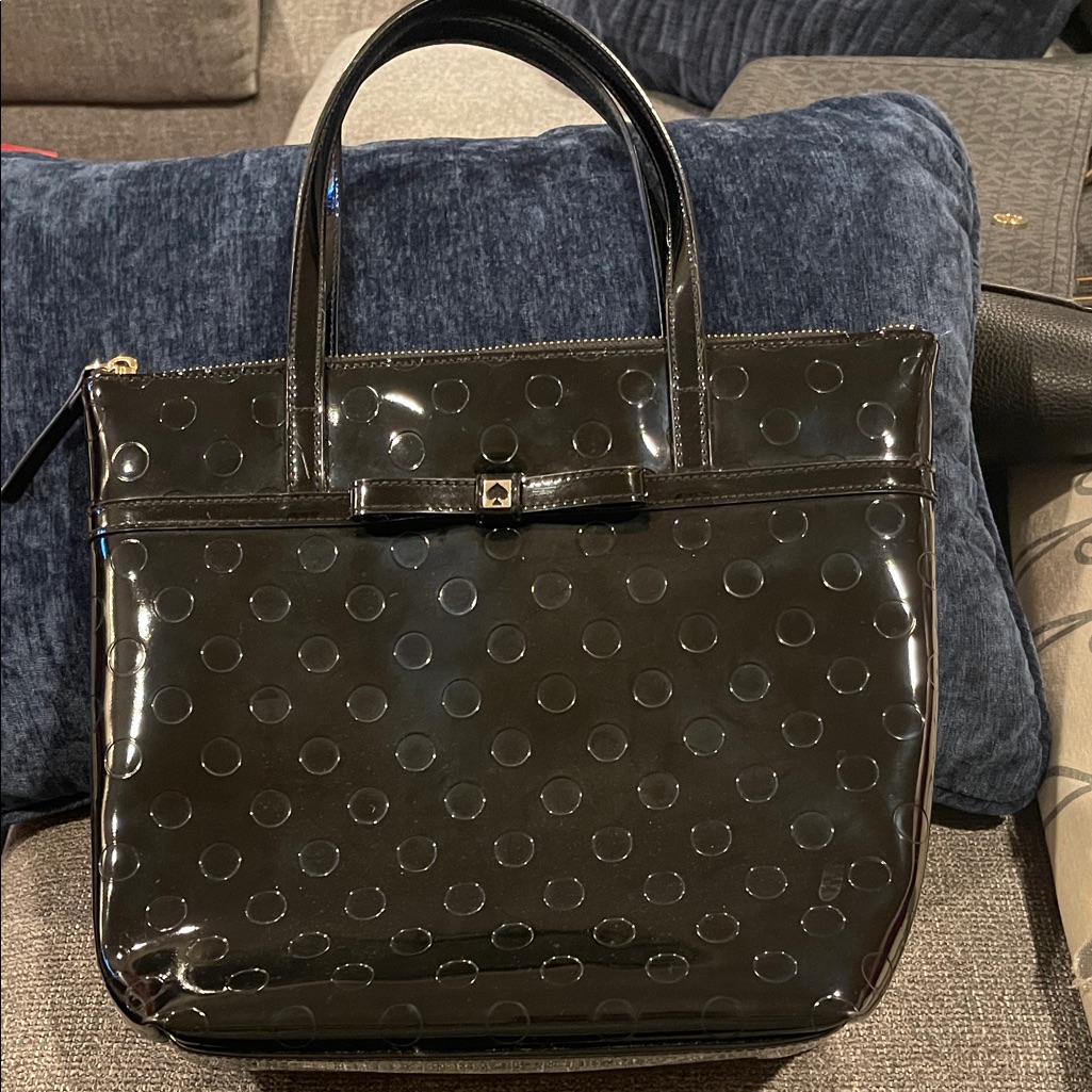Kate Spade Black Patent Leather Tote With Bow Accent And Circle Pattern. Nwot